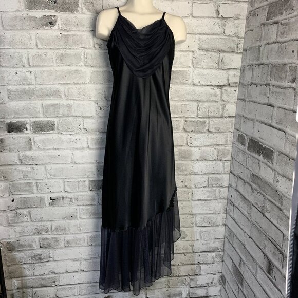 Vintage 90s Black Satin Asymmetric Sheer Ruffle Hem Maxi Slip Dress - Picture 9 of 14